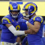 
              Los Angeles Rams wide receiver Cooper Kupp, right, celebrates his touchdown catch with quarterback Matthew Stafford during the second half of an NFL football game against the Jacksonville Jaguars Sunday, Dec. 5, 2021, in Inglewood, Calif. (AP Photo/Mark J. Terrill)
            