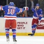 
              New York Rangers left wing Dryden Hunt (29) celebrates scoring a goal with left wing Artemi Panarin (10) during the first period of an NHL hockey game against the Philadelphia Flyers, Wednesday, Dec. 1, 2021, at Madison Square Garden in New York. (AP Photo/Mary Altaffer)
            
