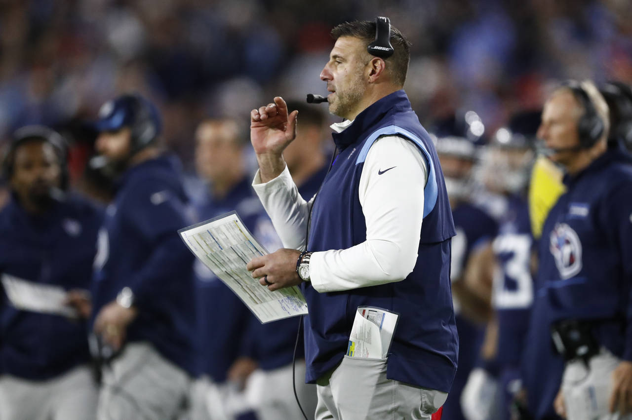 Tennessee Titans head coach Mike Vrabel watches from the sideline in the first half of an NFL footb...