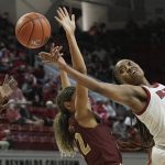 
              North Carolina State forward Kayla Jones (25) reaches for the ball with Elon guard Vanessa Taylor (22) during the second half of an NCAA college basketball game in Raleigh, N.C., Sunday, Dec. 5, 2021. (AP Photo/Gerry Broome)
            