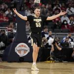 
              Purdue guard Sasha Stefanovic (55) celebrates during the second half of an NCAA college basketball game against Butler, Saturday, Dec. 18, 2021, in Indianapolis. (AP Photo/AJ Mast)
            