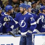 
              Tampa Bay Lightning defenseman Victor Hedman (77) celebrates with the bench after his goal against the Los Angeles Kings during the first period of an NHL hockey game Tuesday, Dec. 14, 2021, in Tampa, Fla. (AP Photo/Chris O'Meara)
            