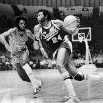 
              FILE - Spencer Haywood (24) of the Seattle SuperSonics drives around Sidney Wicks of the Portland Trail Blazers as he drives toward the basket during their NBA exhibition game at the Forum in Los Angeles, Calif., Oct. 7, 1972. (AP Photo/Harold Filan, File)
            