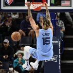 
              Memphis Grizzlies forward Brandon Clarke (15) dunks in the first half of an NBA basketball game against the Oklahoma City Thunder, Thursday, Dec. 2, 2021, in Memphis, Tenn. (AP Photo/Brandon Dill)
            