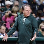 
              Michigan State coach Tom Izzo reacts during the second half of an NCAA college basketball game against High Point, Wednesday, Dec. 29, 2021, in East Lansing, Mich. Michigan State won 81-68. (AP Photo/Al Goldis)
            