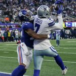 
              Dallas Cowboys cornerback Trevon Diggs (7) breaks up a pass intended for New York Giants wide receiver Kenny Golladay (19) in the end zone during the fourth quarter of an NFL football game, Sunday, Dec. 19, 2021, in East Rutherford, N.J. (AP Photo/Seth Wenig)
            