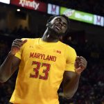 
              Maryland forward Qudus Wahab reacts during the second half of an NCAA college basketball game against Virginia Tech, Wednesday, Dec. 1, 2021, in College Park, Md. Virginia Tech won 62-58. (AP Photo/Julio Cortez)
            