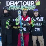 
              Aaron Blunk, from left, of the United States, second place, Alex Ferreira, of the United States,  first place, and Brendan Mackay, Canada, placing third, stand on the podium for the halfpipe finals, Saturday, Dec. 18, 2021, during the Dew Tour freestyle skiing event at Copper Mountain, Colo. (AP Photo/Hugh Carey)
            