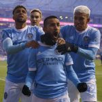 
              New York City FC's Maximiliano Moralez, center, celebrates his goal with teammates during the second half of an MLS playoff soccer match against the Philadelphia Union, Sunday, Dec. 5, 2021, in Chester, Pa. (AP Photo/Chris Szagola)
            