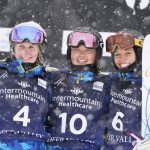 
              FILE - Kai Owens, center, celebrates after finishing first in the finals, between Hannah Soar, left, who finished second, and Tess Johnson, who placed third, in the World Cup women's dual moguls skiing competition Friday, Feb. 5, 2021, in Deer Valley, Utah. As an infant, she was abandoned at a town square in a province of China. Taken to an orphanage, she was adopted by a couple from Colorado at 16 months. Now 17, U.S. freestyle skier Kai Owens is on the verge of earning a spot in moguls for the Winter Games in Beijing. It's a return to China she's long thought about. (AP Photo/Rick Bowmer, File)
            