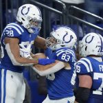 
              Indianapolis Colts running back Jonathan Taylor (28) is congratulated by Kylen Granson (83) and Eric Fisher (79) after scoring on a 67-yard touchdown run during the second half of an NFL football game against the New England Patriots Saturday, Dec. 18, 2021, in Indianapolis. (AP Photo/AJ Mast)
            