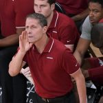 
              Arkansas coach Eric Musselman calls out to players during the first half of the team's NCAA college basketball game against Mississippi State in Starkville, Miss., Wednesday, Dec. 29, 2021. (AP Photo/Rogelio V. Solis)
            