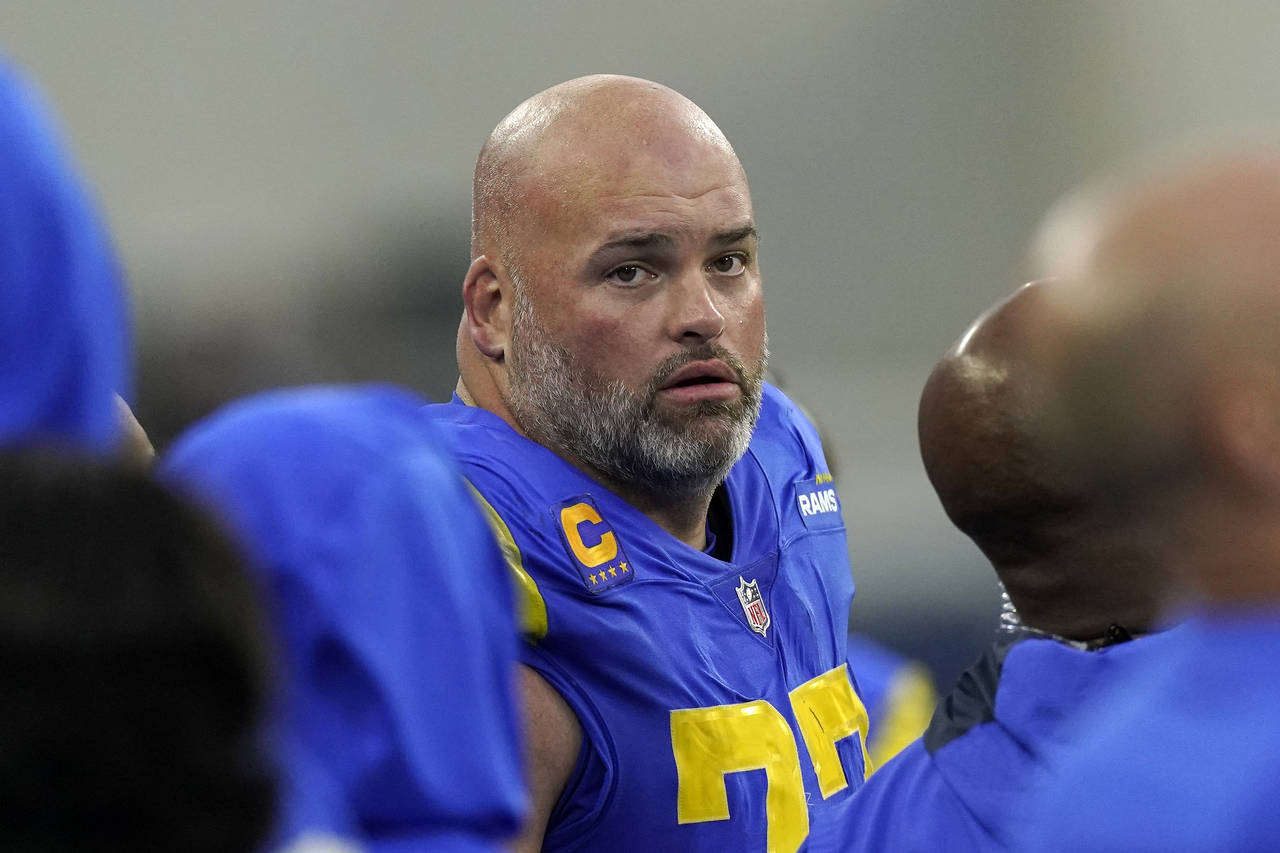 Los Angeles Rams offensive tackle Andrew Whitworth is seen on the sideline during an NFL football g...