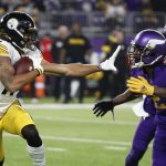 
              Pittsburgh Steelers wide receiver Chase Claypool, left, runs from Minnesota Vikings cornerback Bashaud Breeland (21) during the first half of an NFL football game, Thursday, Dec. 9, 2021, in Minneapolis. (AP Photo/Bruce Kluckhohn)
            