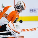 
              Philadelphia Flyers' Martin Jones blocks a shot during the third period of an NHL hockey game against the Colorado Avalanche, Monday, Dec. 6, 2021, in Philadelphia. (AP Photo/Matt Slocum)
            