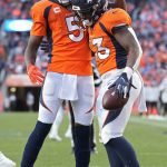 
              Denver Broncos quarterback Teddy Bridgewater (5) celebrates with running back Javonte Williams (33) after Williams scored a touchdown against the Detroit Lions during the second half of an NFL football game, Sunday, Dec. 12, 2021, in Denver. (AP Photo/David Zalubowski)
            