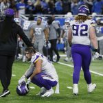 
              Minnesota Vikings defensive end Kenny Willekes, center, is seen after the second half of an NFL football game against the Detroit Lions, Sunday, Dec. 5, 2021, in Detroit. The Lions won on a last second touchdown, 29-27. (AP Photo/Duane Burleson)
            