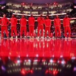 
              The Toronto Raptors line up for the Canadian national anthem prior to NBA basketball game action against the Washington Wizards in Toronto, Sunday, Dec. 5, 2021. (Cole Burston/The Canadian Press via AP)
            