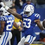 
              Indianapolis Colts outside linebacker Darius Leonard (53) celebrates alongside teammate Nyheim Hines (21) after intercepting a pass during the first half of an NFL football game against the New England Patriots Saturday, Dec. 18, 2021, in Indianapolis. (AP Photo/AJ Mast)
            