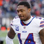 
              FILE - Buffalo Bills wide receiver Stefon Diggs (14) after an NFL football game, Monday, Dec. 27, 2021, in Foxborough, Mass. Diggs was among the athletes who either won or lost the most money for sports bettors in 2021, according to several national sports books. (AP Photo/Winslow Townson, File)
            