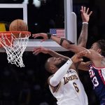 
              Brooklyn Nets forward Nic Claxton (33) dunks over Los Angeles Lakers forward LeBron James (6) during the second half of an NBA basketball game in Los Angeles, Saturday, Dec. 25, 2021. (AP Photo/Ashley Landis)
            