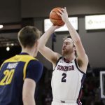 
              Gonzaga forward Drew Timme (2) shoots during the first half of an NCAA college basketball game against Northern Arizona, Monday, Dec. 20, 2021, in Spokane, Wash. (AP Photo/Young Kwak)
            