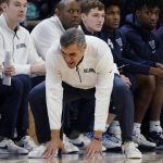 
              Villanova head coach Jay Wright reacts to a call during the first half of an NCAA college basketball game against DePaul in Chicago, Saturday, Jan. 8, 2022. (AP Photo/Nam Y. Huh)
            