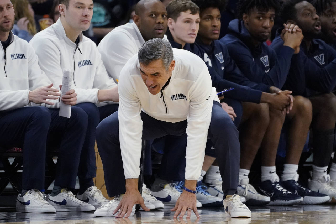 Villanova head coach Jay Wright reacts to a call during the first half of an NCAA college basketbal...