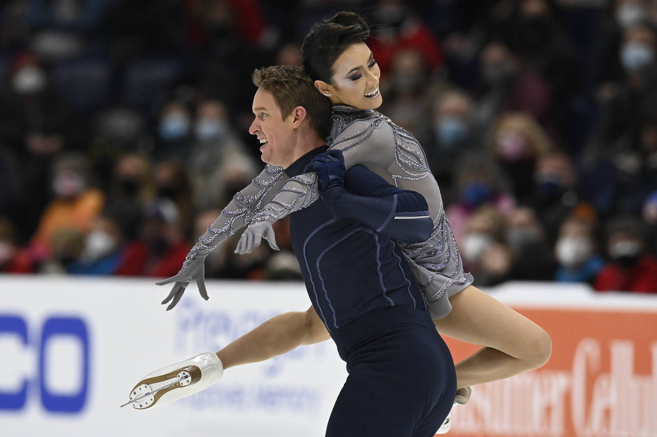 Madison Chock and Even Bates compete in the ice dance program during the U.S. Figure Skating Champi...