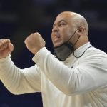 
              Penn State coach Micah Shrewsberry gives instructions to his players during first half action against Indiana during an NCAA college basketball game Sunday, Jan 2, 2022, in State College, Pa. (AP Photo/Gary M. Baranec)
            