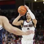 
              Gonzaga guard Andrew Nembhard shoots during the first half of an NCAA college basketball game against BYU, Thursday, Jan. 13, 2022, in Spokane, Wash. (AP Photo/Young Kwak)
            