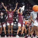 
              From left to right, South Carolina forward Elysa Wesolek, Olivia Thompson, Sania Feagin (20), Destiny Littleton (11) and LeLe Grissett (24) celebrate a three-point basket during the second half of an NCAA college basketball game against Vanderbilt, Monday, Jan. 24, 2022, in Columbia, S.C. (AP Photo/Sean Rayford)
            