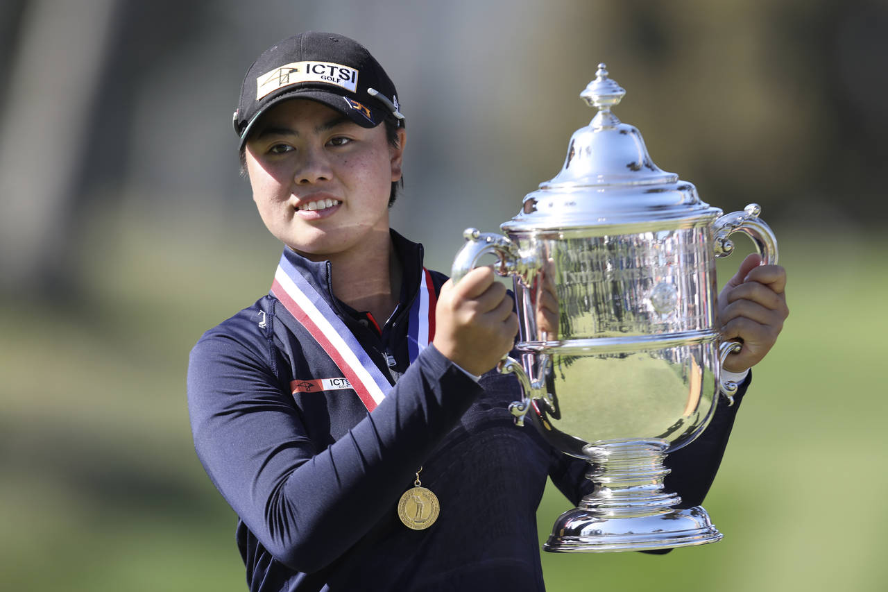 FILE - Yuka Saso, of the Philippines, celebrates her victory in the U.S. Women's Open golf tourname...