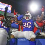 
              Buffalo Bills' Devin Singletary (26) celebrates his second touchdown during the second half of an NFL football game against the New York Jets, Sunday, Jan. 9, 2022, in Orchard Park, N.Y. (AP Photo/Joshua Bessex)
            