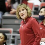 
              Washington State head coach Kamie Ethridge directs her team during the first half of an NCAA college basketball game against Stanford, Sunday, Jan. 2, 2022, in Pullman, Wash. (AP Photo/Young Kwak)
            
