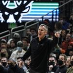
              Chicago Bulls head coach Billy Donovan reacts during the first half of an NBA basketball game against the Milwaukee Bucks Friday, Jan. 21, 2022, in Milwaukee. (AP Photo/Morry Gash)
            