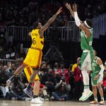 
              Boston Celtics guard Josh Richardson, right, shoots a three-point basket over Atlanta Hawks guard Lou Williams (6) during the second half of an NBA basketball game Friday, Jan. 28, 2022, in Atlanta. (AP Photo/Hakim Wright Sr.)
            