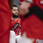 
              Toronto Raptors guard Fred VanVleet (23) sits on the bench during a timeout late in second-half NBA basketball game action against the Portland Trail Blazers in Toronto, Sunday Jan. 23, 2022. (Frank Gunn/The Canadian Press via AP)
            