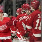 
              Detroit Red Wings defenseman Moritz Seider celebrates his goal against the Chicago Blackhawks in the third period of an NHL hockey game Wednesday, Jan. 26, 2022, in Detroit. (AP Photo/Paul Sancya)
            