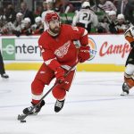 
              Detroit Red Wings defenseman Filip Hronek looks to pass against the Anaheim Ducks during the second period of an NHL hockey game Monday, Jan. 31, 2022, in Detroit. (AP Photo/Jose Juarez)
            