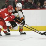 
              Anaheim Ducks center Sam Steel, right, moves the puck away from Detroit Red Wings defenseman Gustav Lindstrom during the first period of an NHL hockey game Monday, Jan. 31, 2022, in Detroit. (AP Photo/Jose Juarez)
            