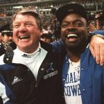 
              FILE - Dallas Cowboys coach Jimmy Johnson, left, and running back Emmitt Smith celebrate as they leave the field after their 38-21 NFC Championship win over the San Francisco 49ers on Jan. 23, 1994, in Irving, Texas. The 49ers-Cowboys playoff history is a rich one from back-to-back conference title games in the early 1970s, the iconic “Catch” in the 1981 season and then the heated rivalry in the 1990s. (AP Photo/Ron Heflin, File)
            