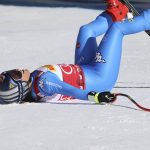 
              Italy's Sofia Goggia celebrates at the finish line during an alpine ski, women's World Cup downhill, in Cortina d'Ampezzo, Italy, Saturday, Jan. 22, 2022. (AP Photo/Alessandro Trovati)
            