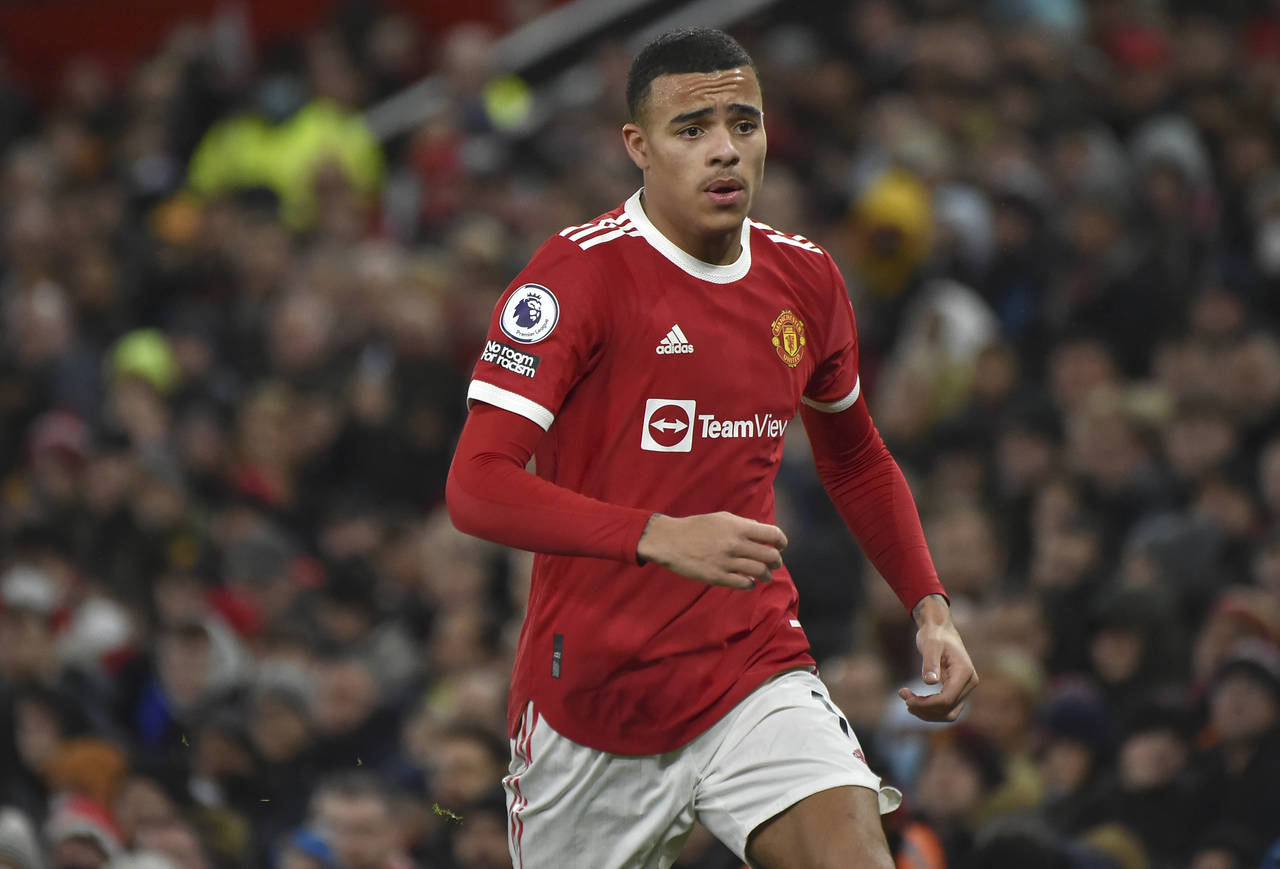 FILE- Manchester United's Mason Greenwood runs during the English Premier League soccer match betwe...