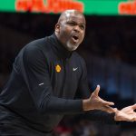 
              Atlanta Hawks coach Nate McMillan reacts during the first half of the team's NBA basketball game against the Minnesota Timberwolves on Wednesday, Jan. 19, 2022, in Atlanta. (AP Photo/Hakim Wright Sr.)
            