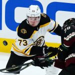 
              Boston Bruins defenseman Charlie McAvoy (73) and Arizona Coyotes center Riley Nash (20) battle for the puck during the first period of an NHL hockey game Friday, Jan. 28, 2022, in Glendale, Ariz. (AP Photo/Ross D. Franklin)
            