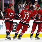 
              Carolina Hurricanes' Teuvo Teravainen, left, celebrates a goal with teammates Tony DeAngelo (77) and Sebastian Aho (20) during the first period of an NHL hockey game against the Florida Panthers in Raleigh, N.C., Saturday, Jan. 8, 2022. (AP Photo/Karl B DeBlaker)
            