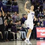 
              TCU guard Francisco Farabello (3) gestures after making a three-point basket in the first half of an NCAA college basketball game against Baylor in Fort Worth, Texas, Saturday, Jan. 8, 2022. (AP Photo/Emil Lippe)
            