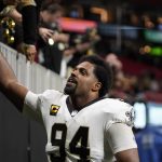
              New Orleans Saints defensive end Cameron Jordan (94) greets fans after an NFL football game against the Atlanta Falcons, Sunday, Jan. 9, 2022, in Atlanta. The New Orleans Saints won 30-20. (AP Photo/Brynn Anderson)
            