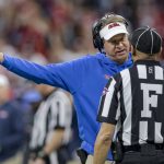 
              Mississippi coach Lane Kiffin argues a call during the second half of the team's Sugar Bowl NCAA college football game against Baylor in New Orleans, Saturday, Jan. 1, 2022. (AP Photo/Matthew Hinton)
            